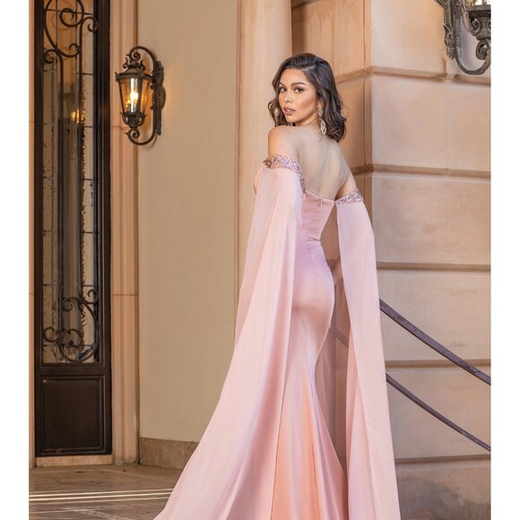 New Off Shoulder Sheath Dress w/ Beads Embroidery & Shoulder Drapes DQ 4306 - Picture 4 of 9